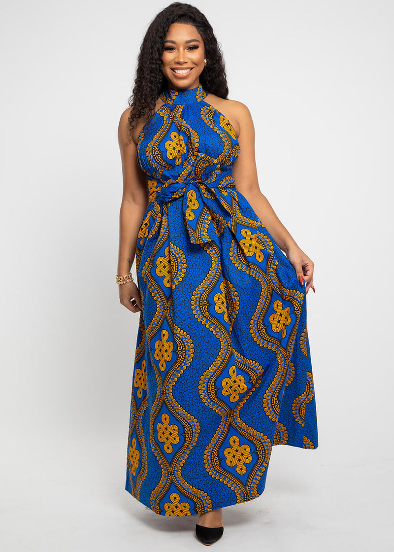 Ronke Women's African Print Maxi Dress (Gold Blue Motif)