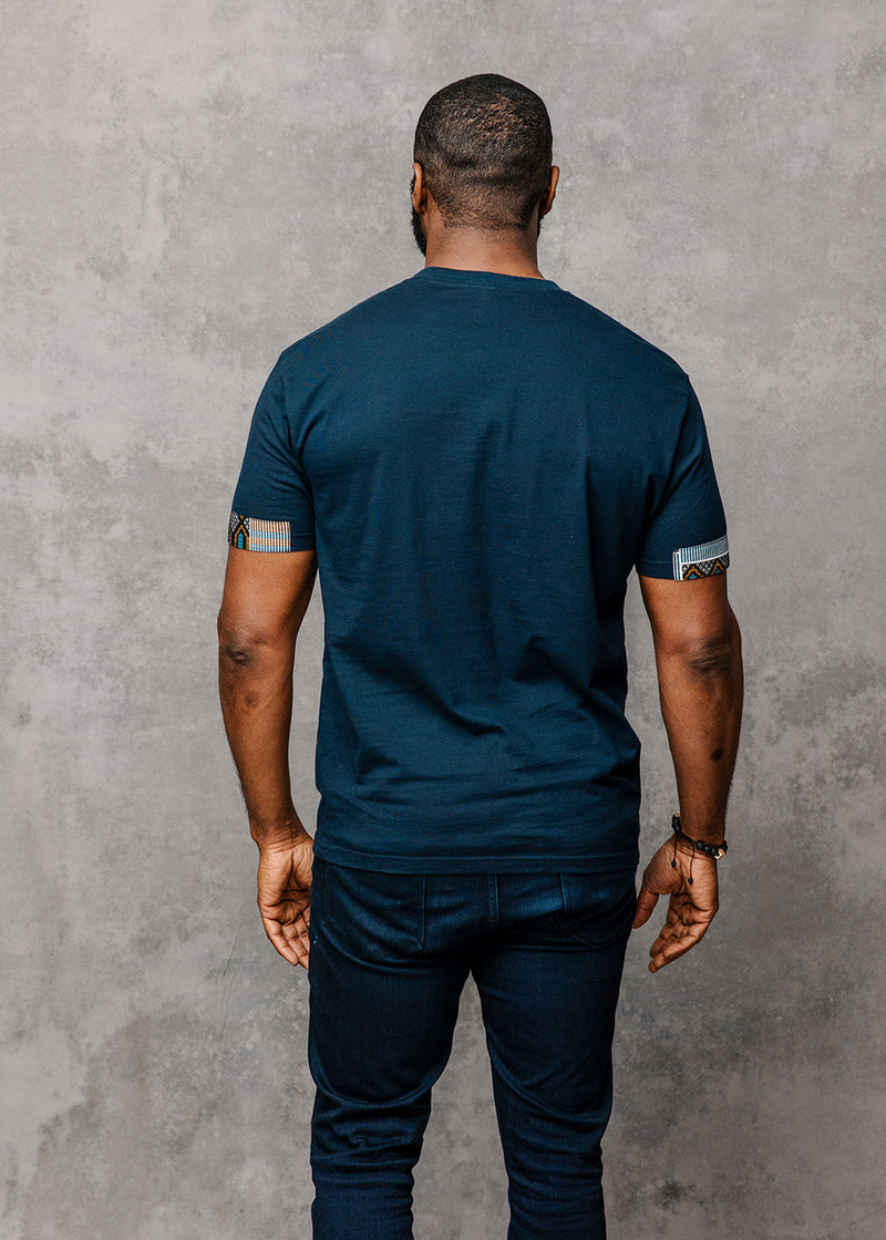 Seun Men's African Print T-Shirt with Pocket (Blue/Tan Navy)