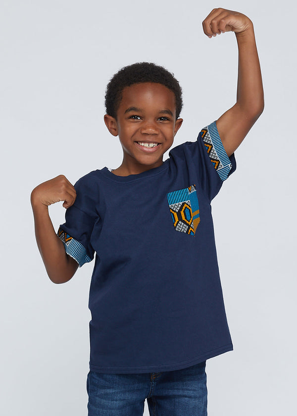 Seun Boy's African Print T-Shirt (Blue/Tan/Navy)