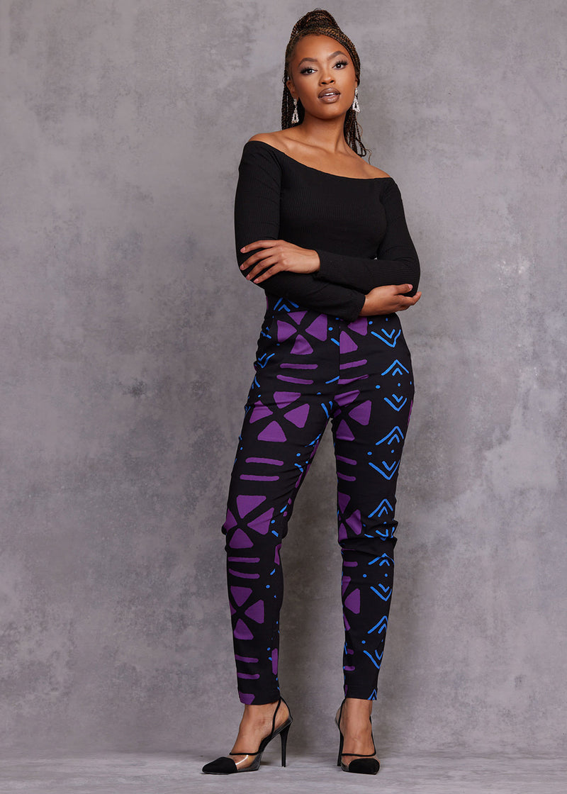 Talia Women's African Print Stretch Pants (Black Purple Mudcloth)
