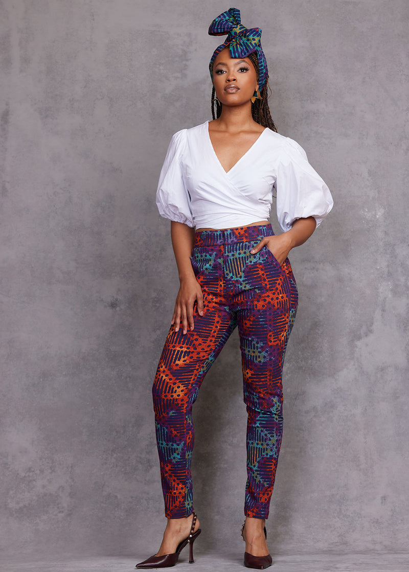 Talia Women's African Print Stretch Pants (Jade Amber Adire)