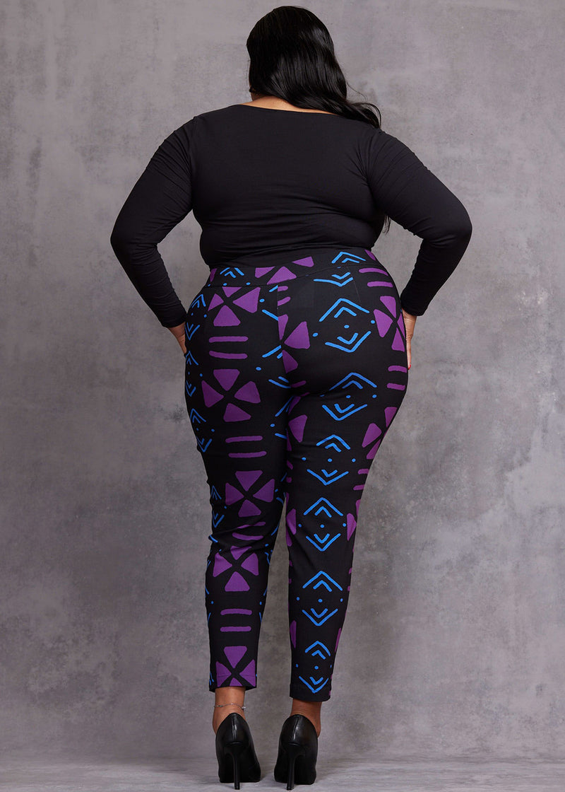 Talia Women's African Print Stretch Pants (Black Purple Mudcloth)