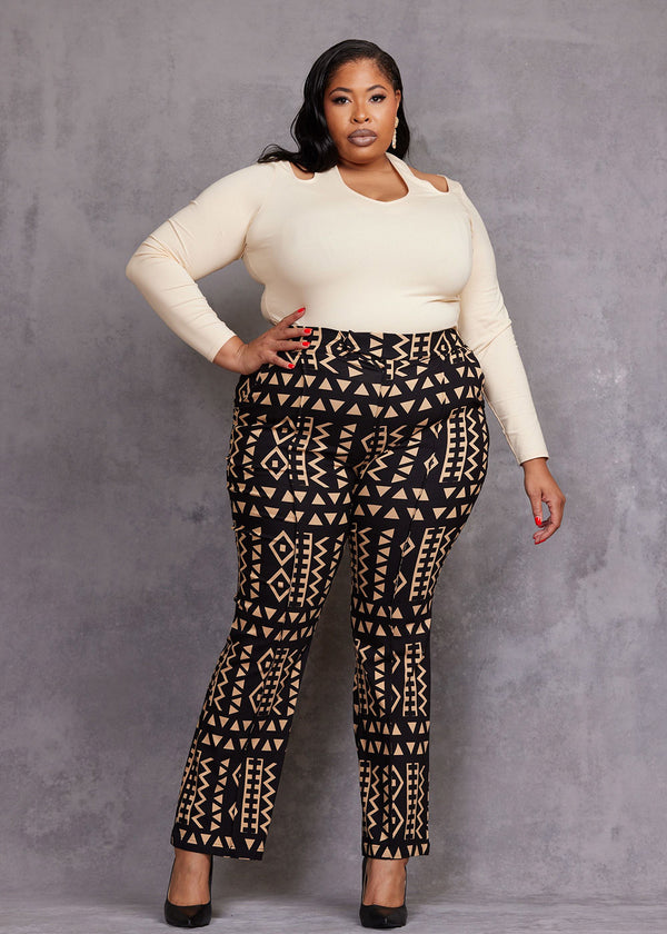 Abebe Women's African Print Stretch Wide Leg Pants (Tan Black Tribal)