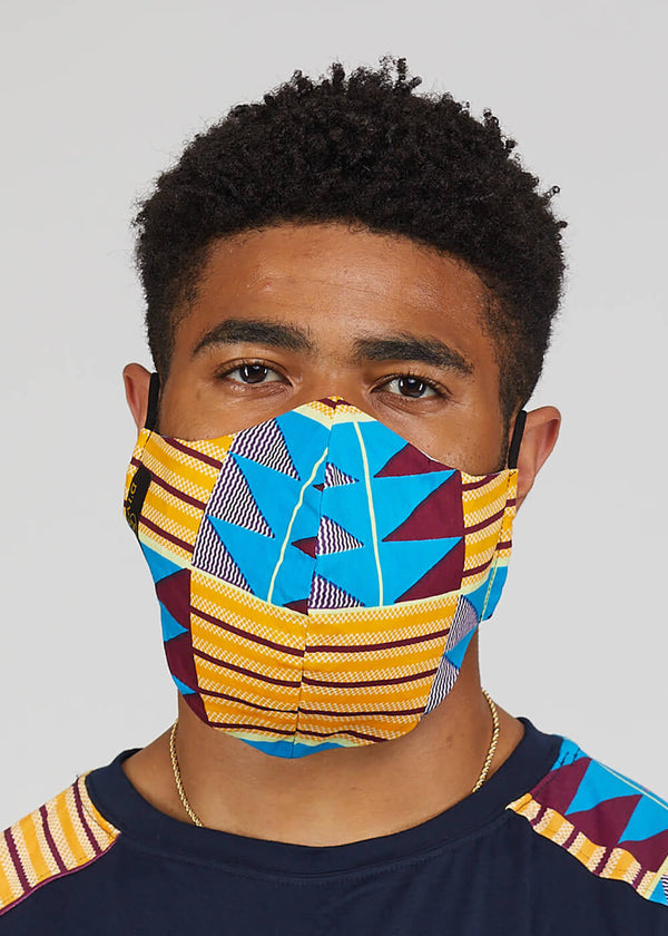 Dabo African Print 2 Layer Reusable Face Mask (Tan Blue Kente)-Clearance