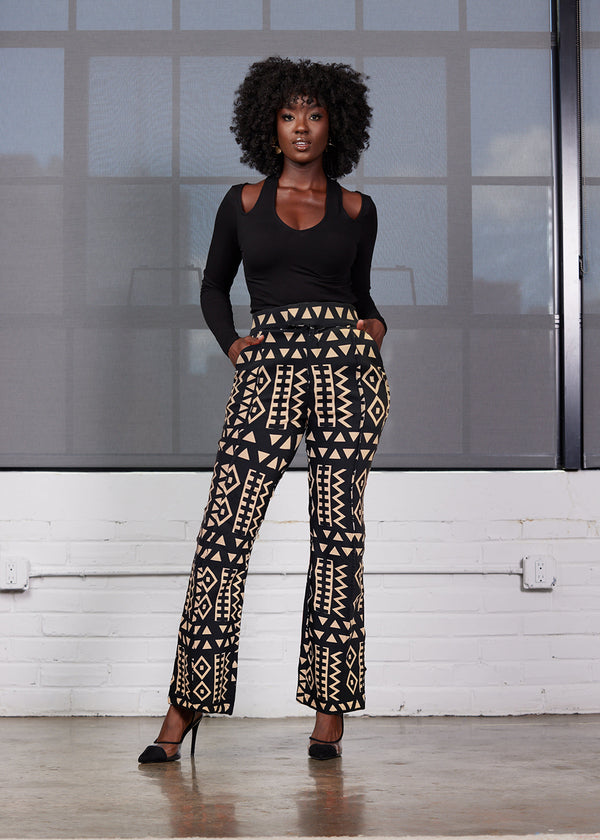 Abebe Women's African Print Stretch Wide Leg Pants (Tan Black Tribal)