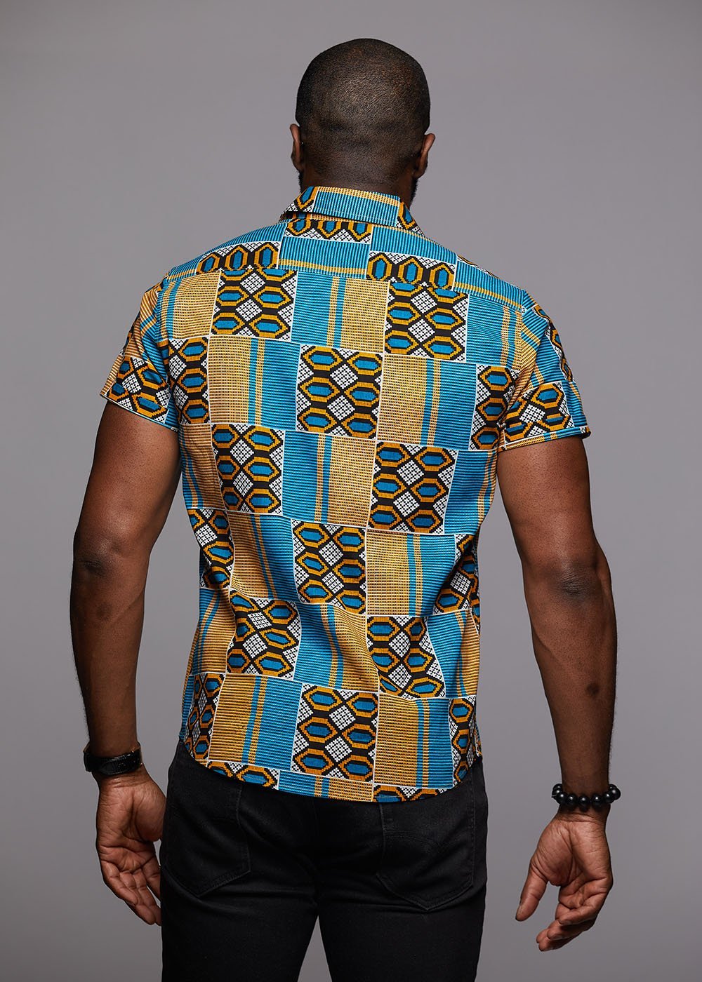 Keyon Button-Up African Print Shirt (Blue/Tan) - D'IYANU