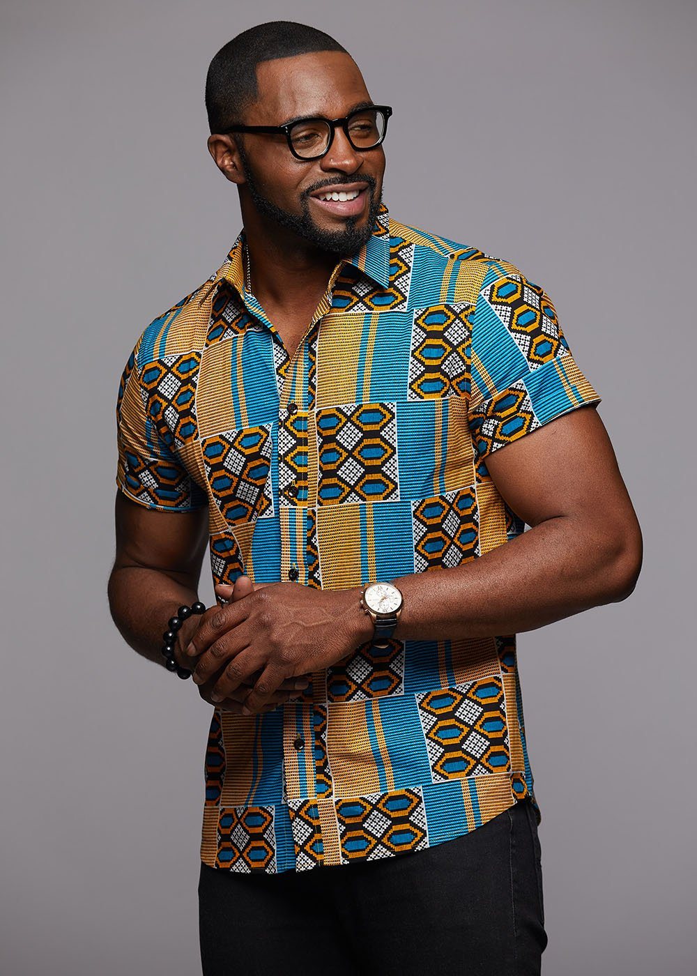 Keyon Button-Up African Print Shirt (Blue/Tan) - D'IYANU