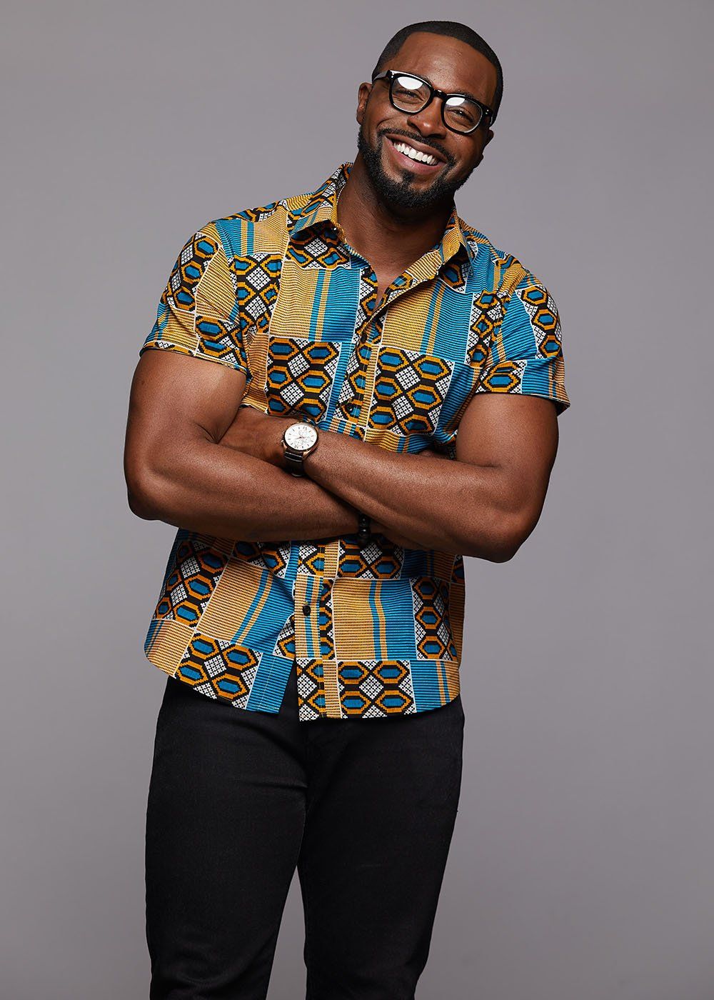 Keyon Button-Up African Print Shirt (Blue/Tan) - D'IYANU