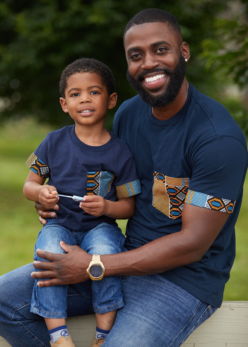 Tops - Little Seun Boy's African Print T-Shirt (Blue/Tan/Navy)