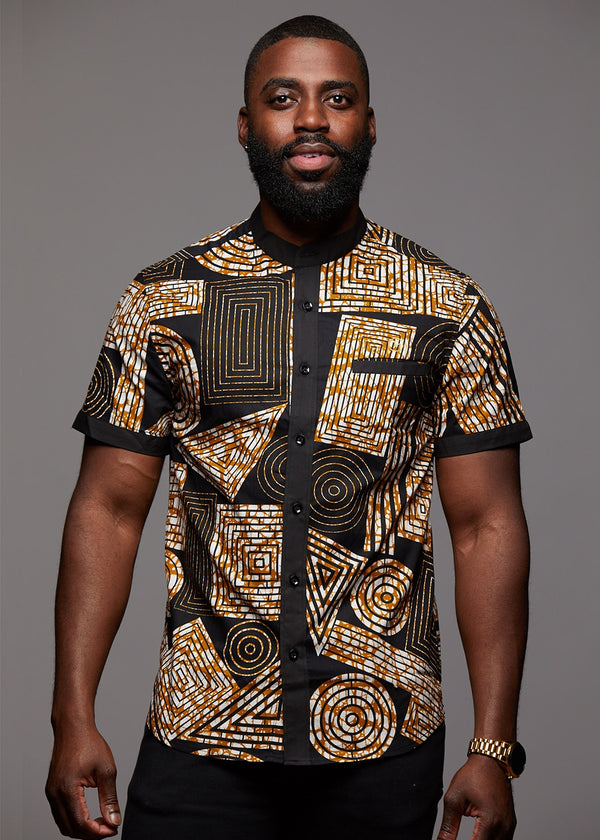 Tops - Olu Short Sleeve Mandarin Button-Up African Print Shirt (Black Brown Geometric)