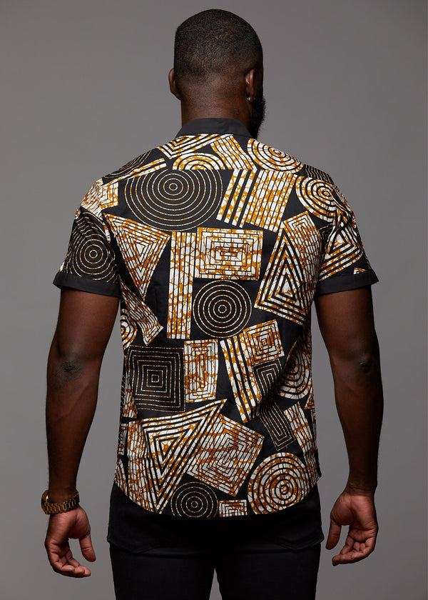 Tops - Olu Short Sleeve Mandarin Button-Up African Print Shirt (Black Brown Geometric)