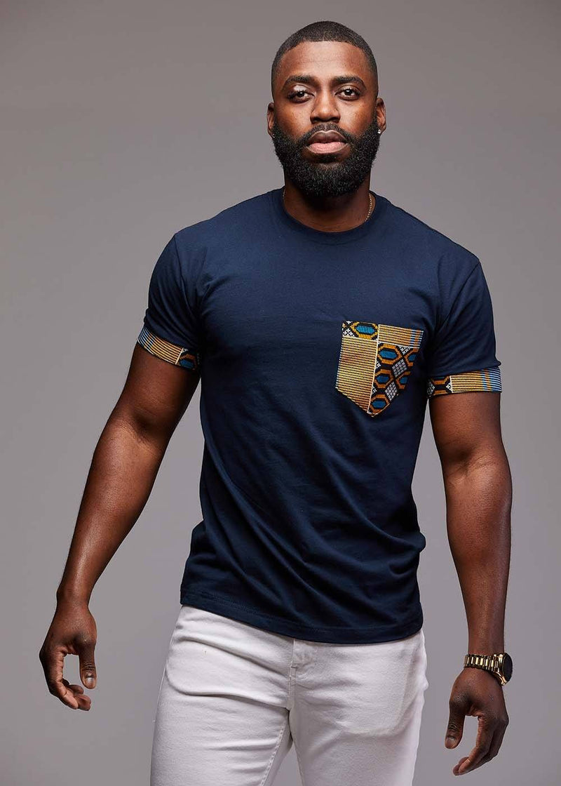Tops - Seun Men's African Print T-Shirt With Pocket (Blue/Tan/Navy)