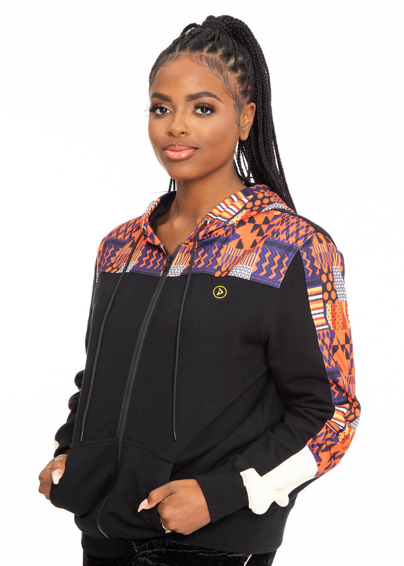 Tumo Unisex African Print Color-Blocked Zip-Up Hoodie (Black/ Orange Navy Kente) - Clearance