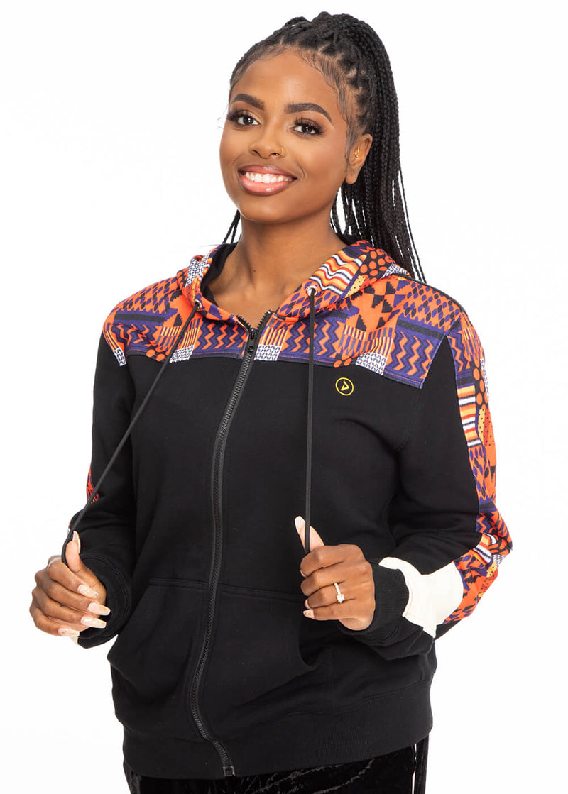 Tumo Unisex African Print Color-Blocked Zip-Up Hoodie (Black/ Orange Navy Kente) - Clearance