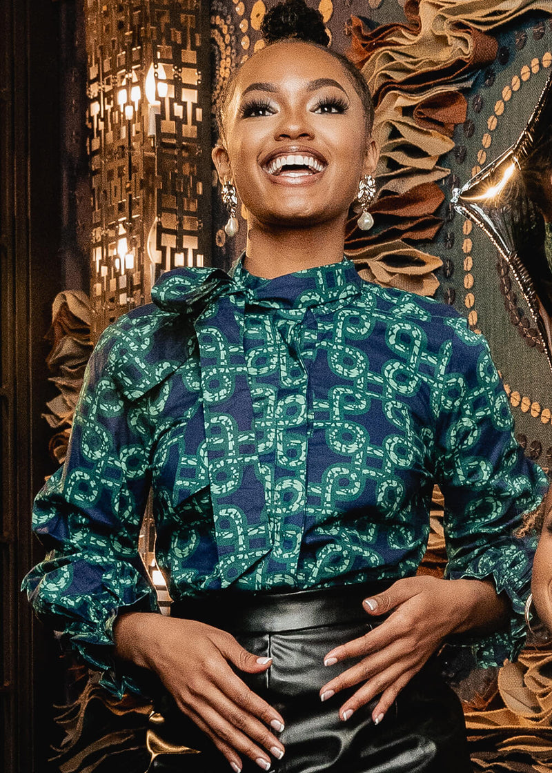 Akinyi Women's African Print Blouse (Green Adinkra) - Clearance