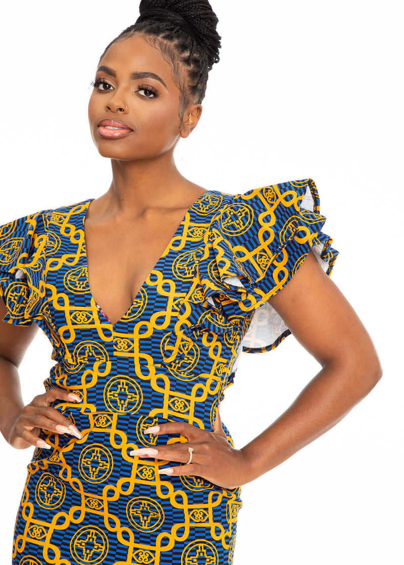 Hanuni Women's African Print Stretch Ruffle Dress (Blue Gold Adinkra) -Clearance