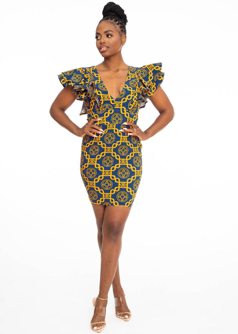 Hanuni Women's African Print Stretch Ruffle Dress (Blue Gold Adinkra) -Clearance