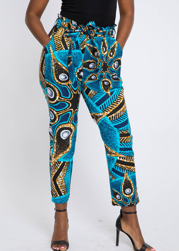 Jemila Women's African Print Mid-Rise Pants (Sky Blue Black Flowers)- Clearance