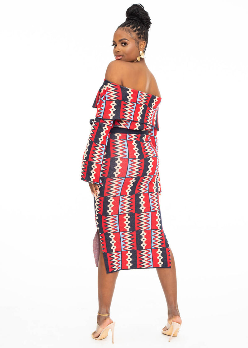 Nekesa Women's African Print Sweater Dress (Navy Red Kente) - Clearance