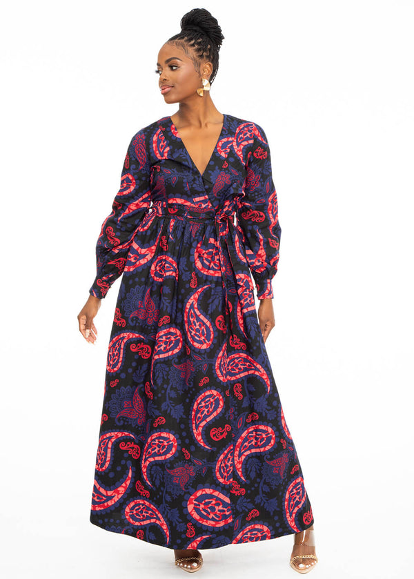 Rehema Women's African Print Maxi Dress (Black Maroon Paisley) - Clearance